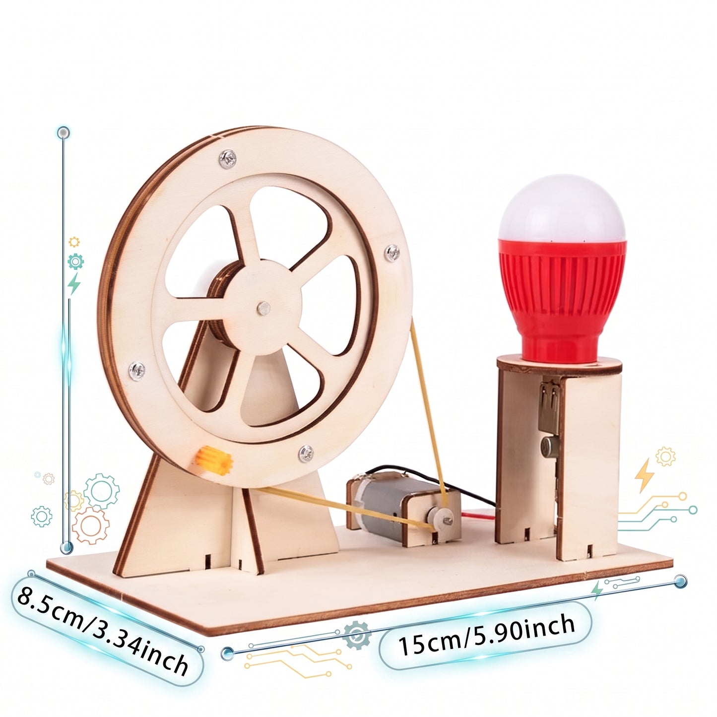 Assembled hand-crank generator dimensions: 15 cm wide and 8.5 cm deep
