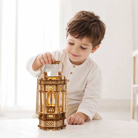 Child lighting an assembled wooden LED lantern
