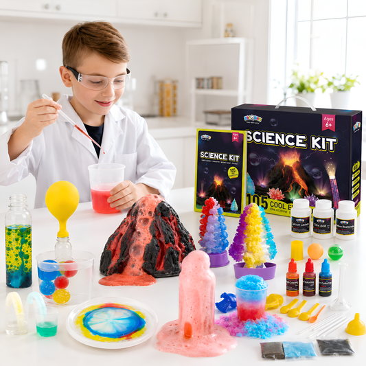 Boy using the STEM science experiment kit with colourful test tubes and beakers
