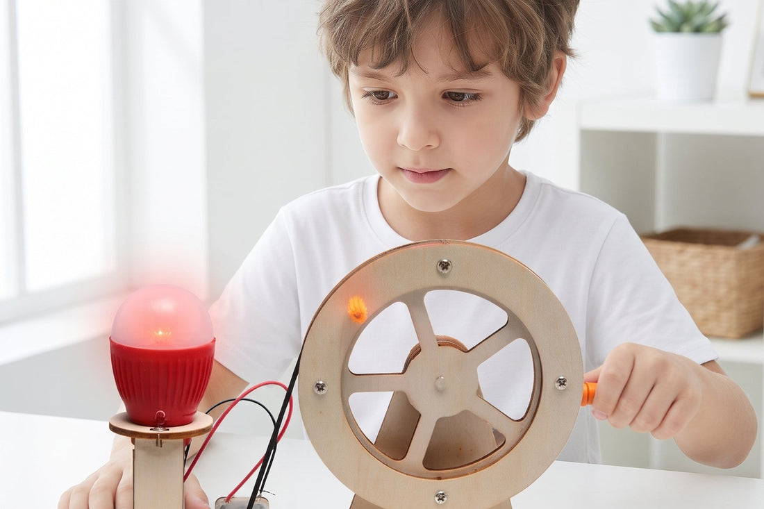 A boy turning the wheel of a wooden hand crank generator that is lighting a small red bulb.