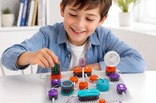 A boy smiling as he places a component on a snap together circuit board covered with colourful electronic blocks.