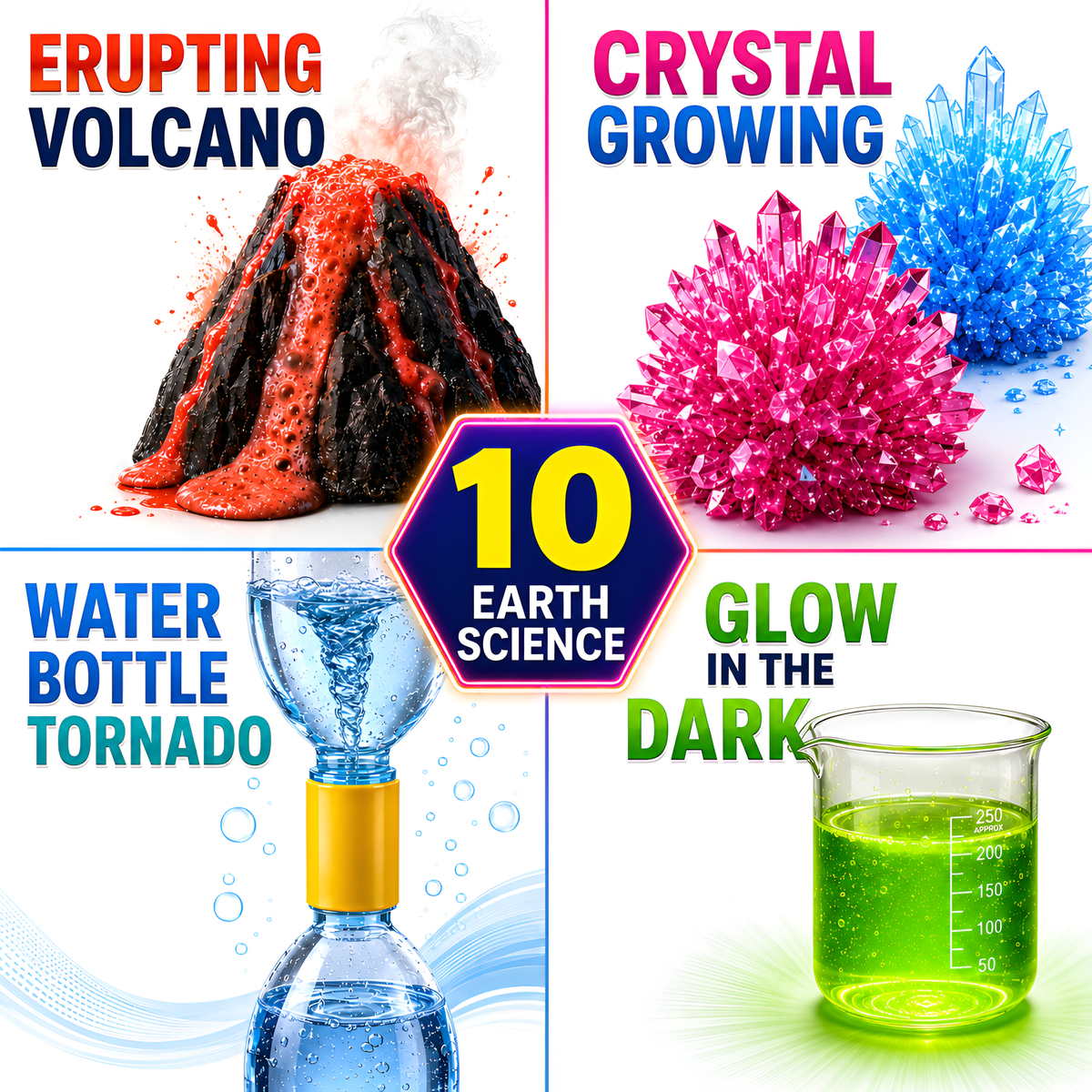 Earth science experiments including erupting volcano, tornado and crystal growing