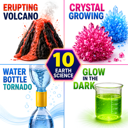 Earth science experiments including erupting volcano, tornado and crystal growing