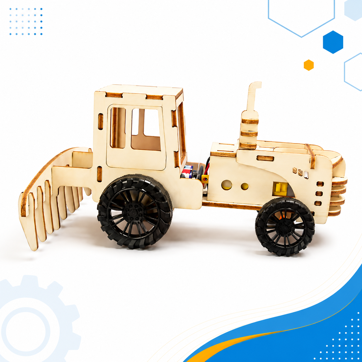 Wooden plowing vehicle with front blade