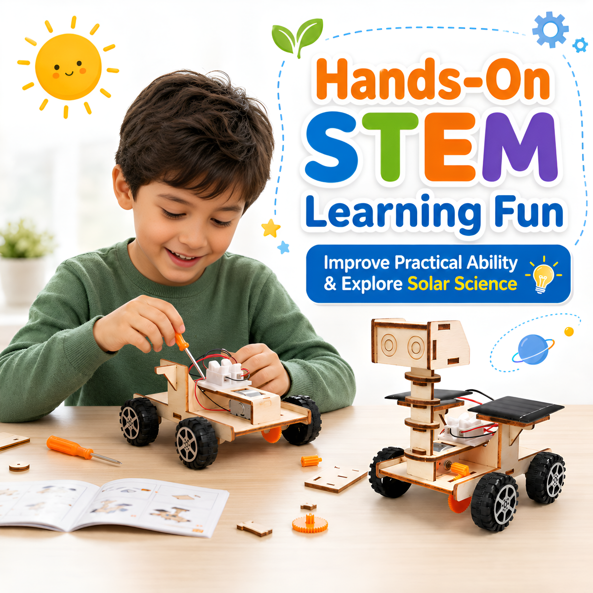Child building the solar moon rover