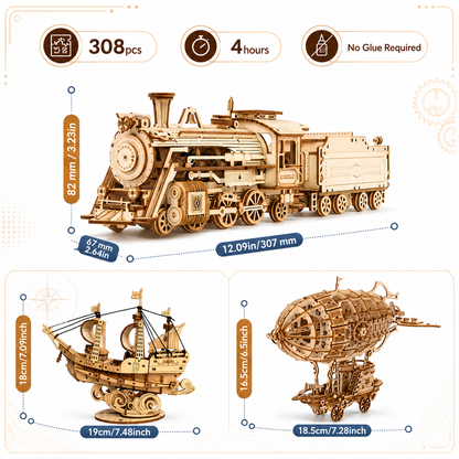 Model dimensions: train 30 cm, ship 19 cm, airship 18.5 cm