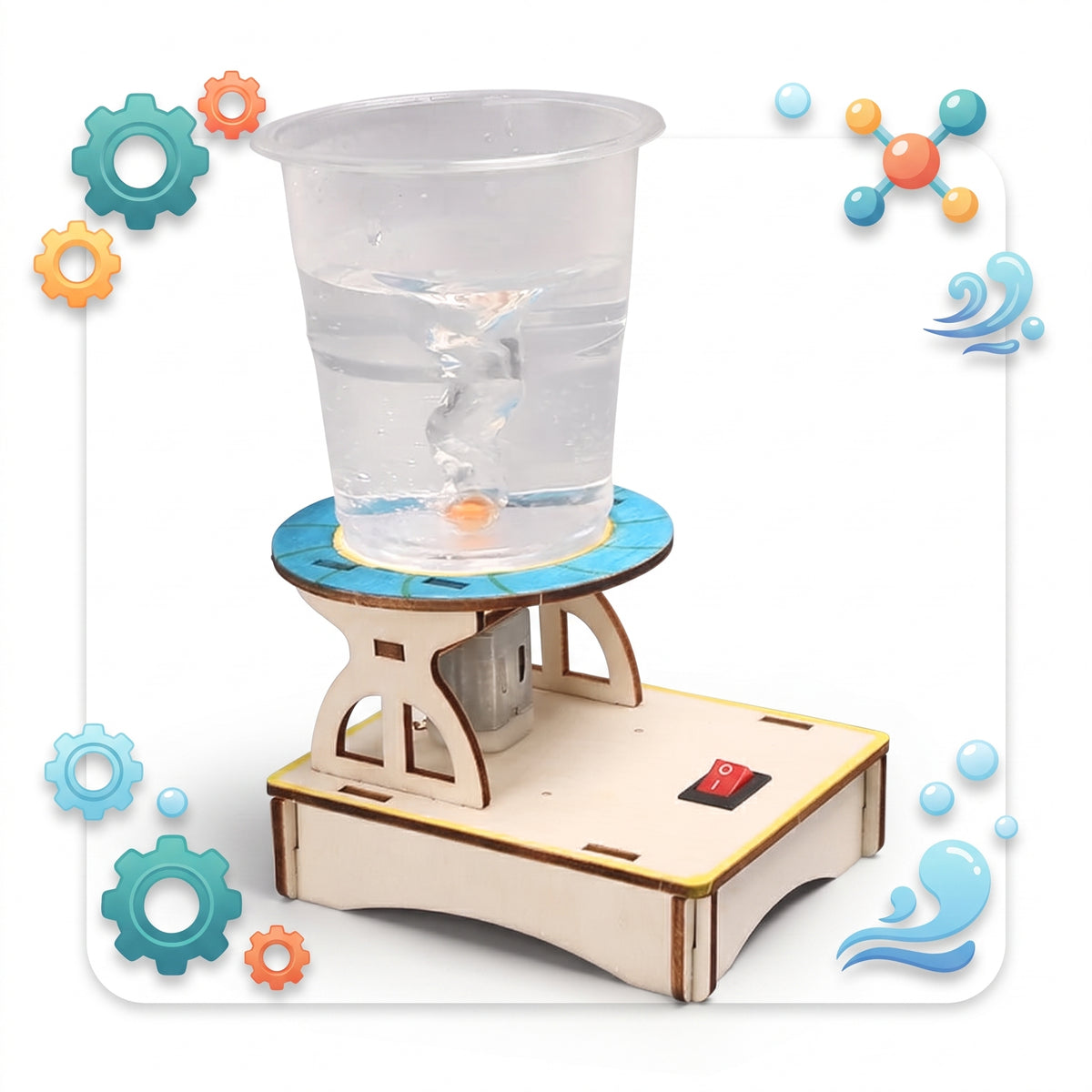 Water vortex spinning inside the clear cup of the assembled tornado maker