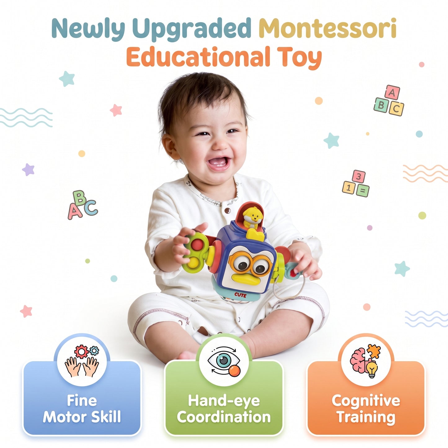 Baby playing with the Montessori busy toy