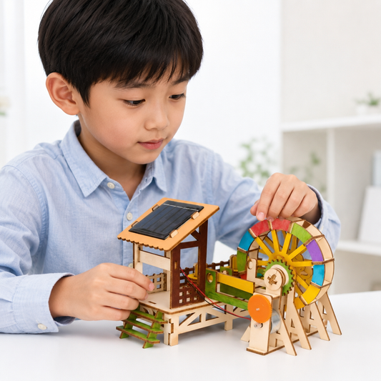 Child assembling a solar-powered wooden model