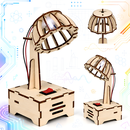 Wooden desk lamp shown from multiple angles