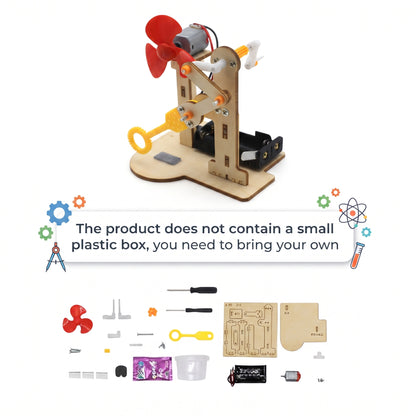 Bubble machine kit contents: laser-cut wood sheets, motor, fan blade, screwdrivers and wiring