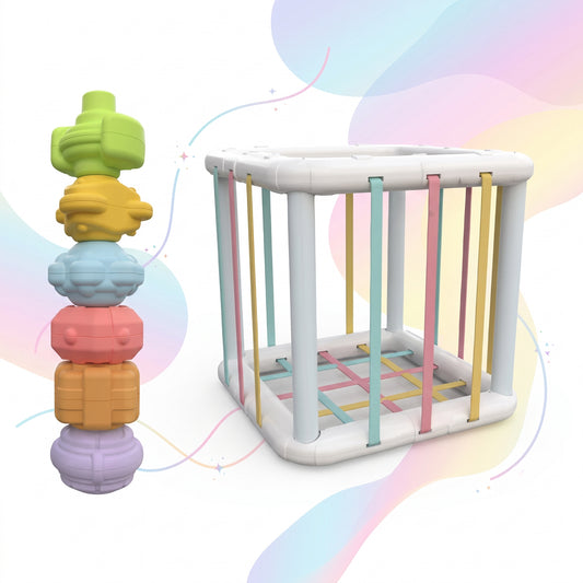 Square sensory bin with stretchy bands and textured balls