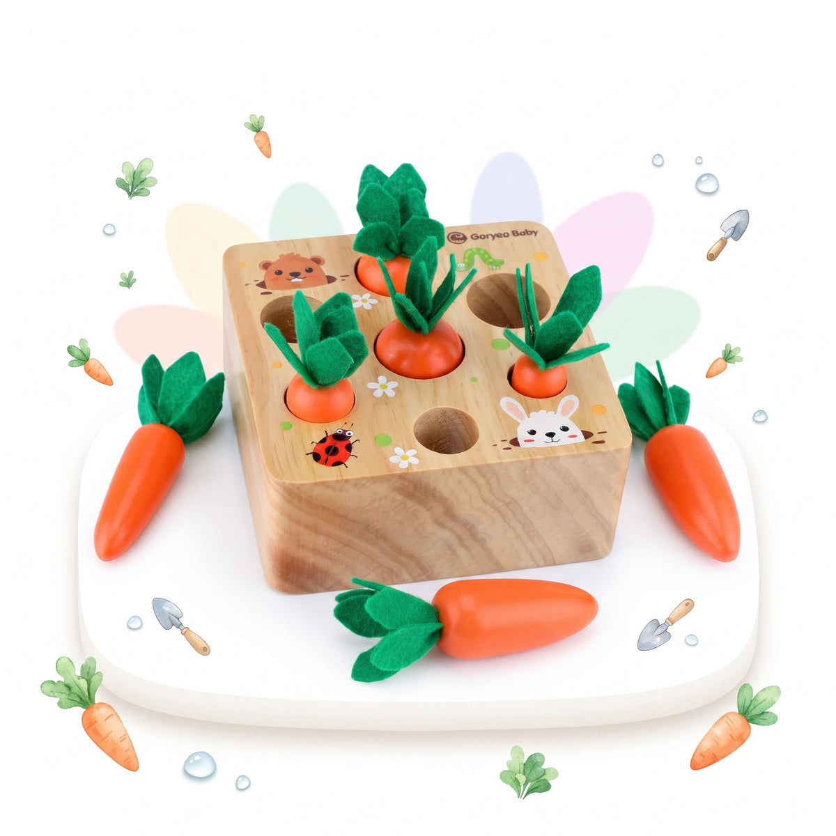 Graded wooden carrots in a row above the six-hole pine base board