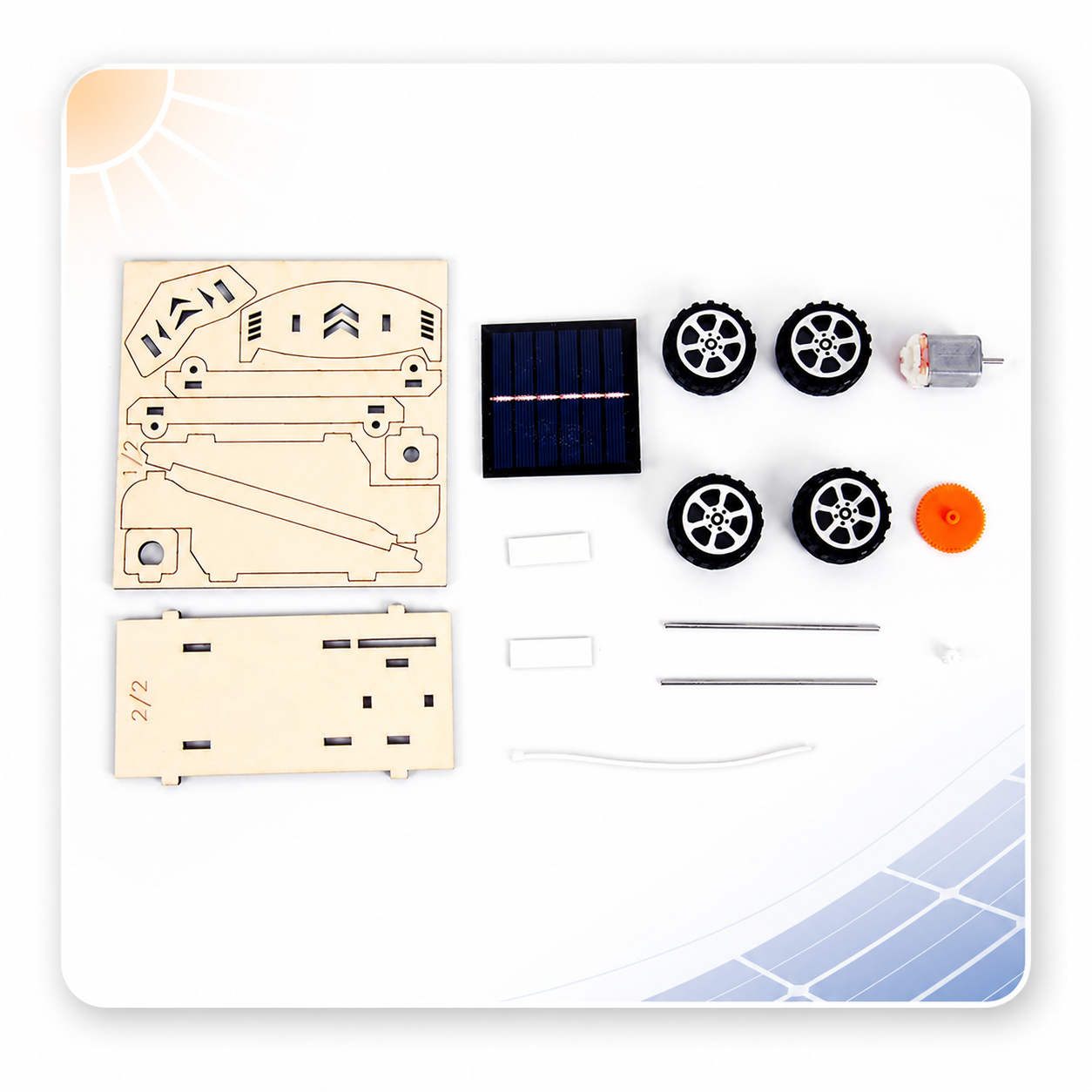 Laser-cut wood pieces, wheels and motor kit