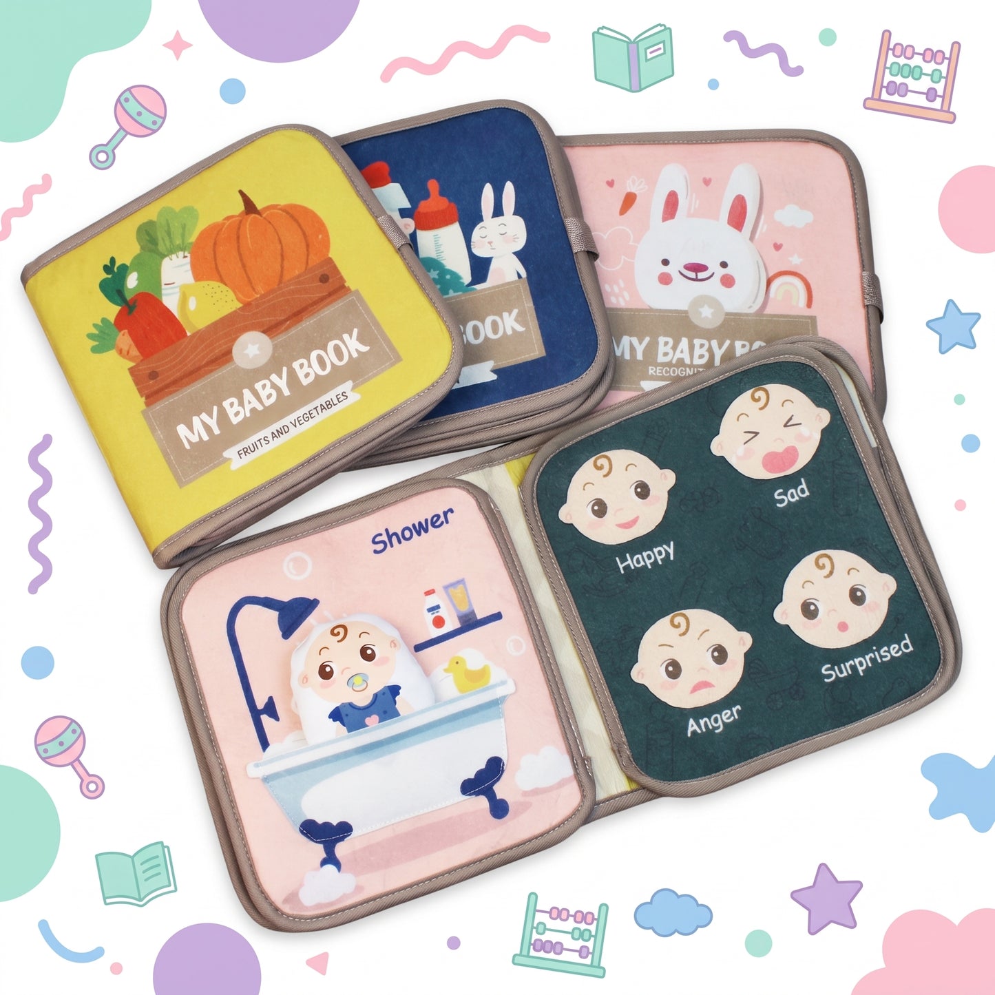 Two cloth books open on activity pages