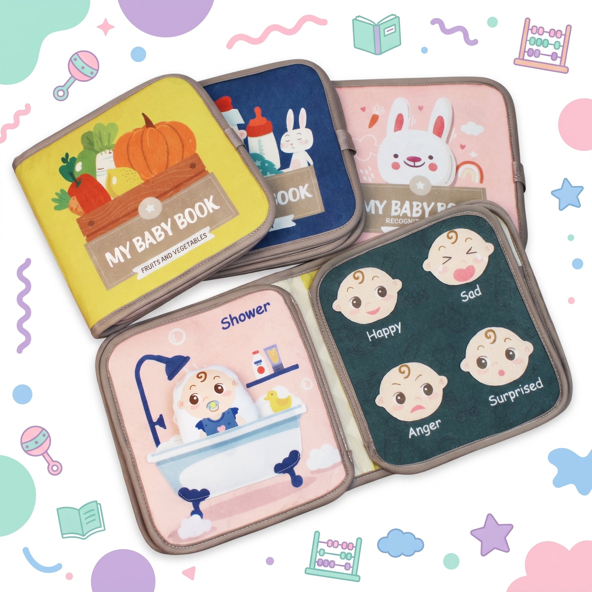Two cloth books open on activity pages