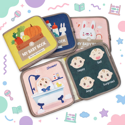 Two cloth books open on activity pages