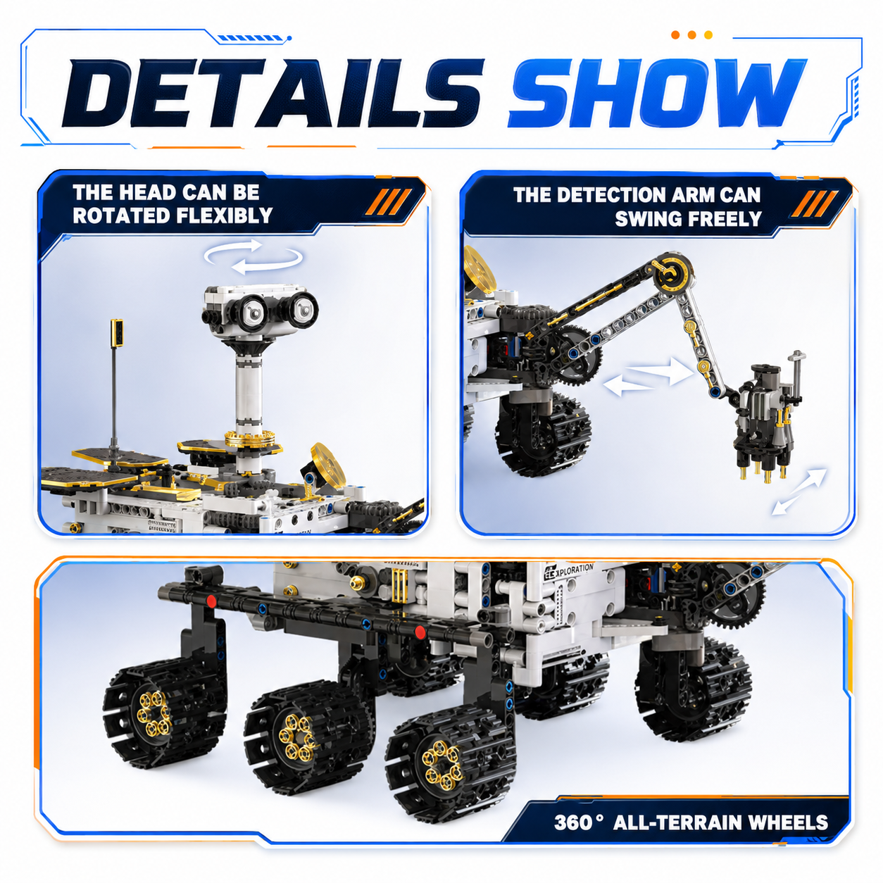 Rotating head, swinging detection arm and all-terrain wheels