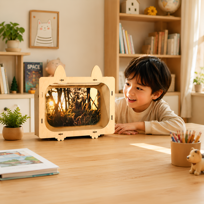 Child watching a hologram from the wooden holographic cinema projector