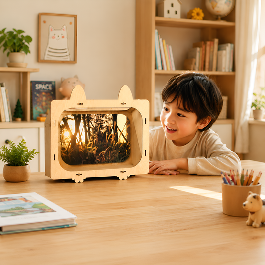 Child watching a hologram from the wooden holographic cinema projector