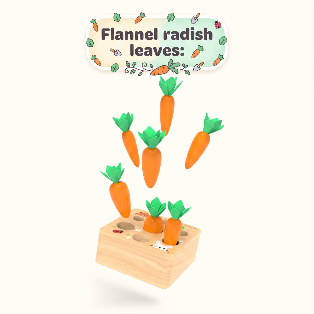 All carrots seated in the base, with printed ladybird, rabbit and flower artwork