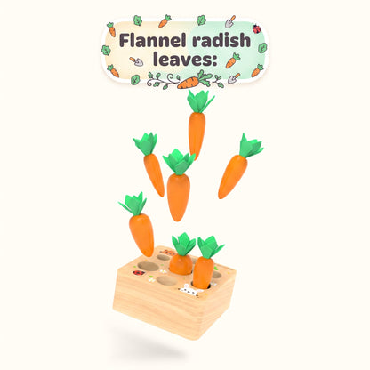All carrots seated in the base, with printed ladybird, rabbit and flower artwork