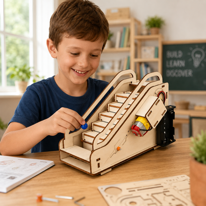 Happy child building the electric escalator STEM kit