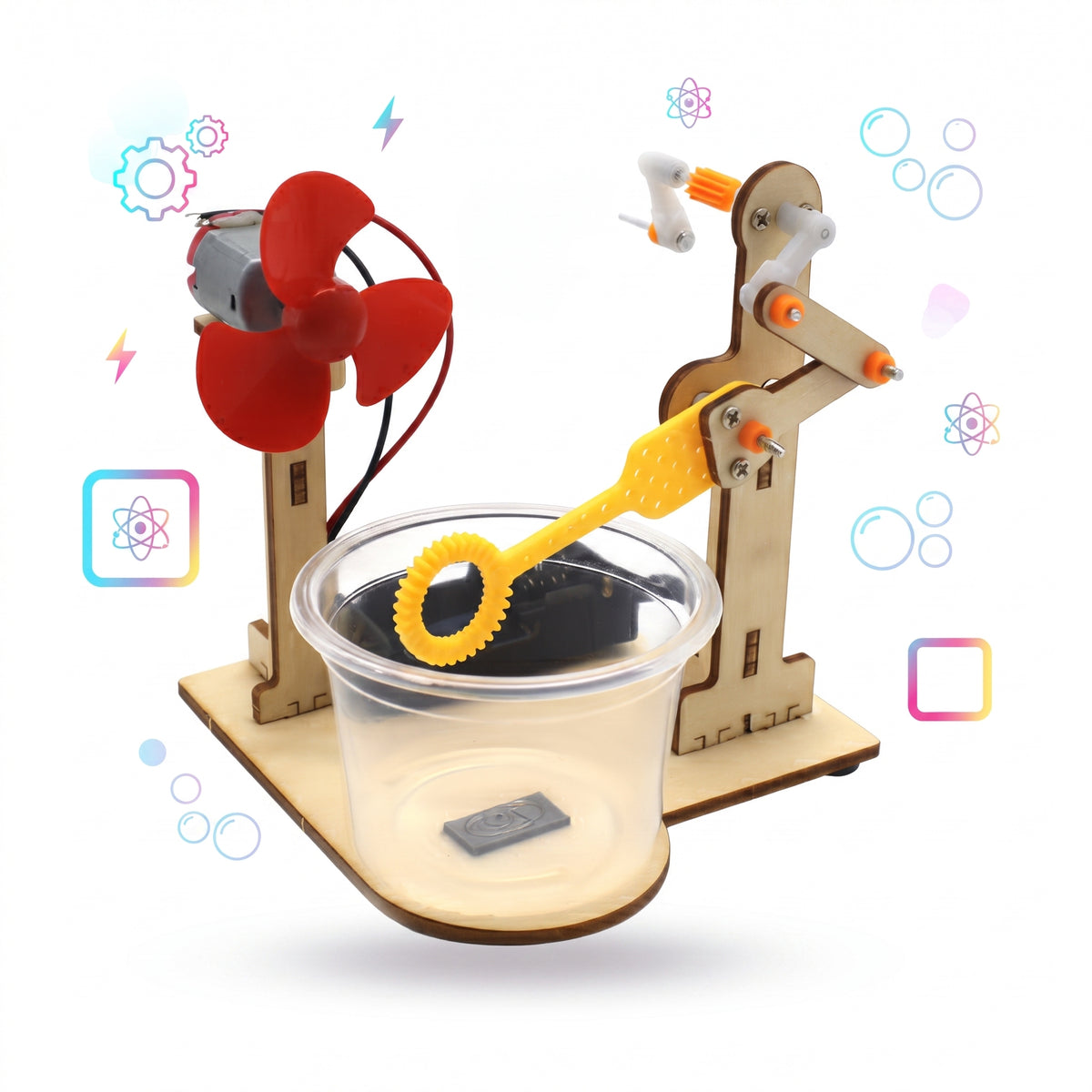 Assembled wooden bubble machine with red fan blade and yellow wand arm over a cup of bubble solution