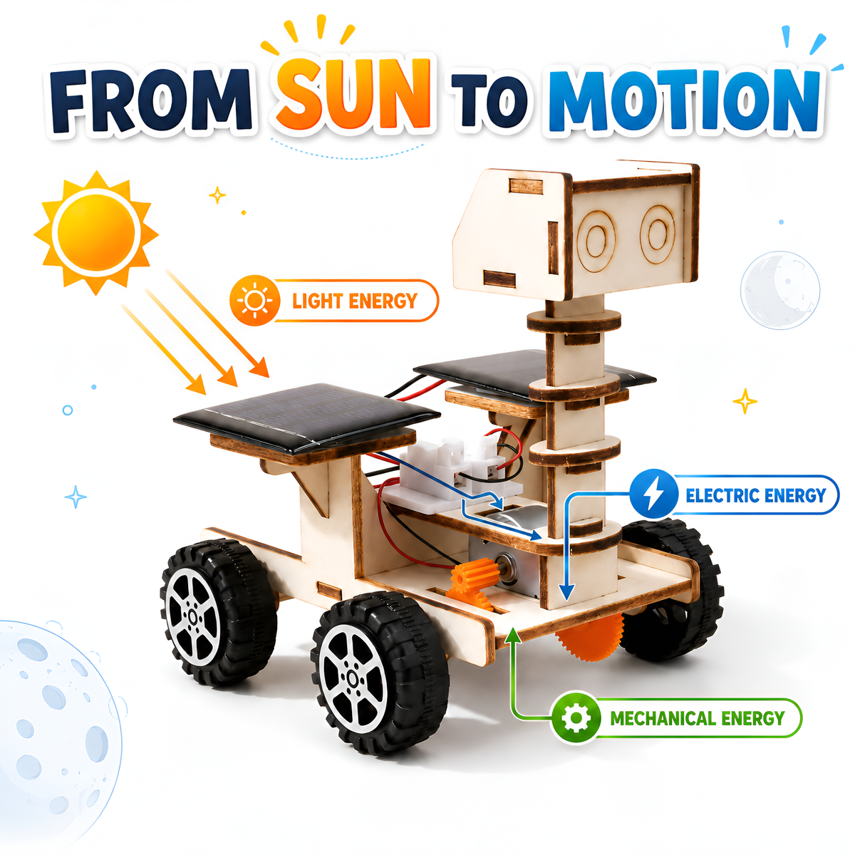 Solar moon rover converting sunlight to motion