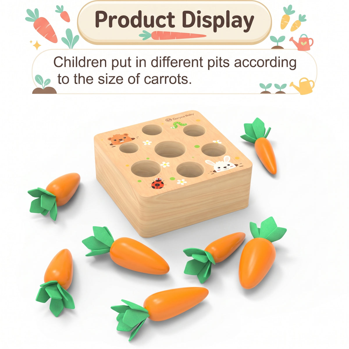 Carrots with soft flannel leaf tops lifting out of the wooden base