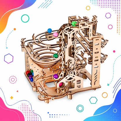 Wooden marble maze with colorful marbles