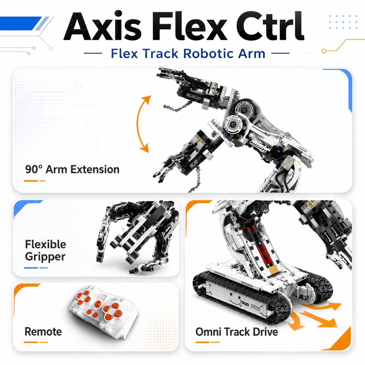 Flex track arm with 90-degree extension and gripper