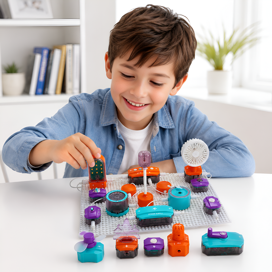 Child building a snap-together electronic circuit