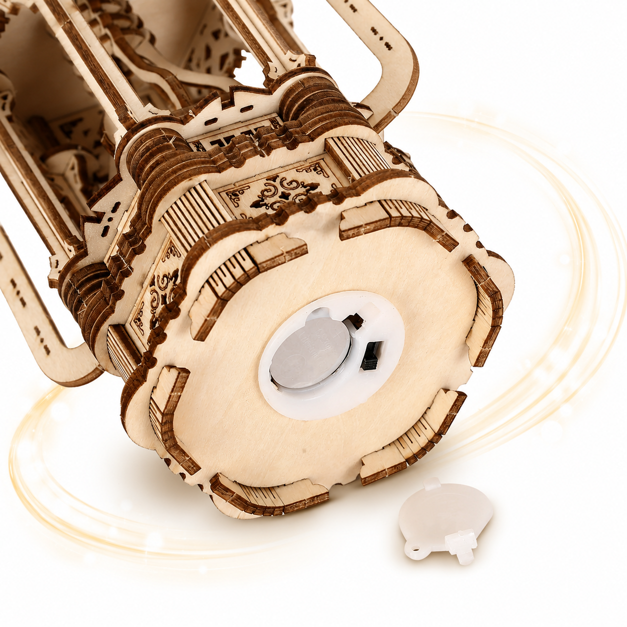 Battery compartment of the wooden LED lantern