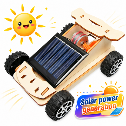 Wooden solar car driving in sunshine