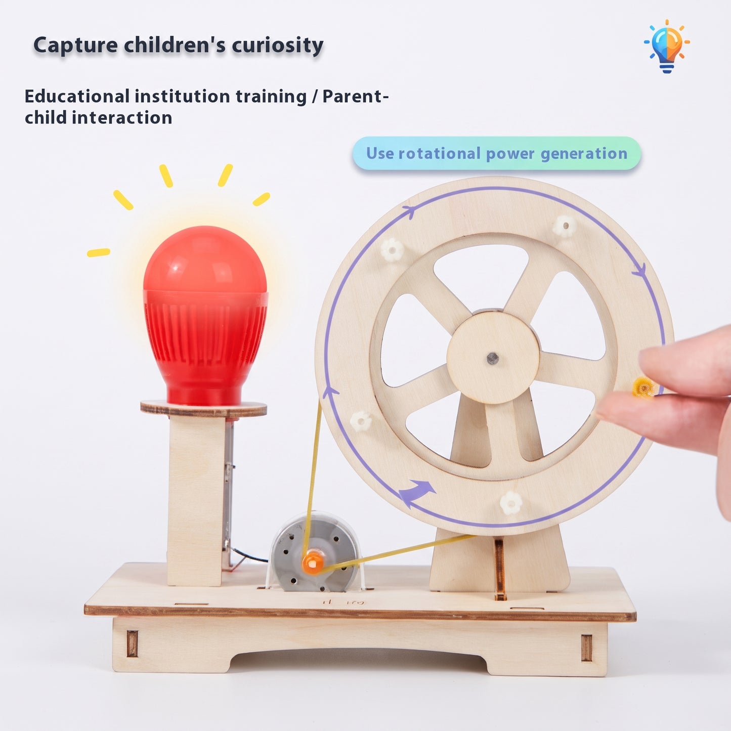 Hand-crank generator lighting its bulb as the wooden wheel turns