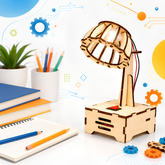 Assembled wooden LED desk lamp on a study desk