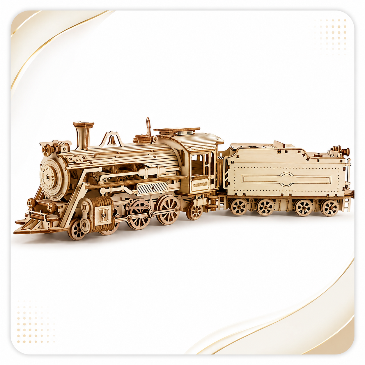 Wooden steam train side view