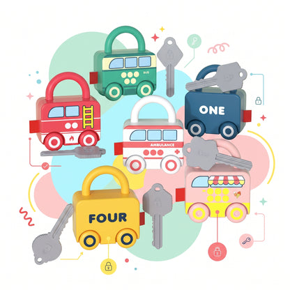 All six MindBridge Play vehicle learning locks with their numbered matching keys