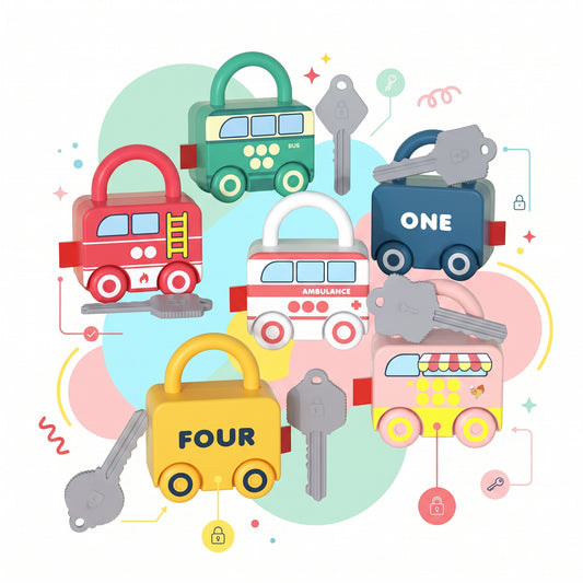 All six MindBridge Play vehicle learning locks with their numbered matching keys