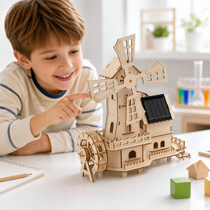 Child watching the solar windmill house spin