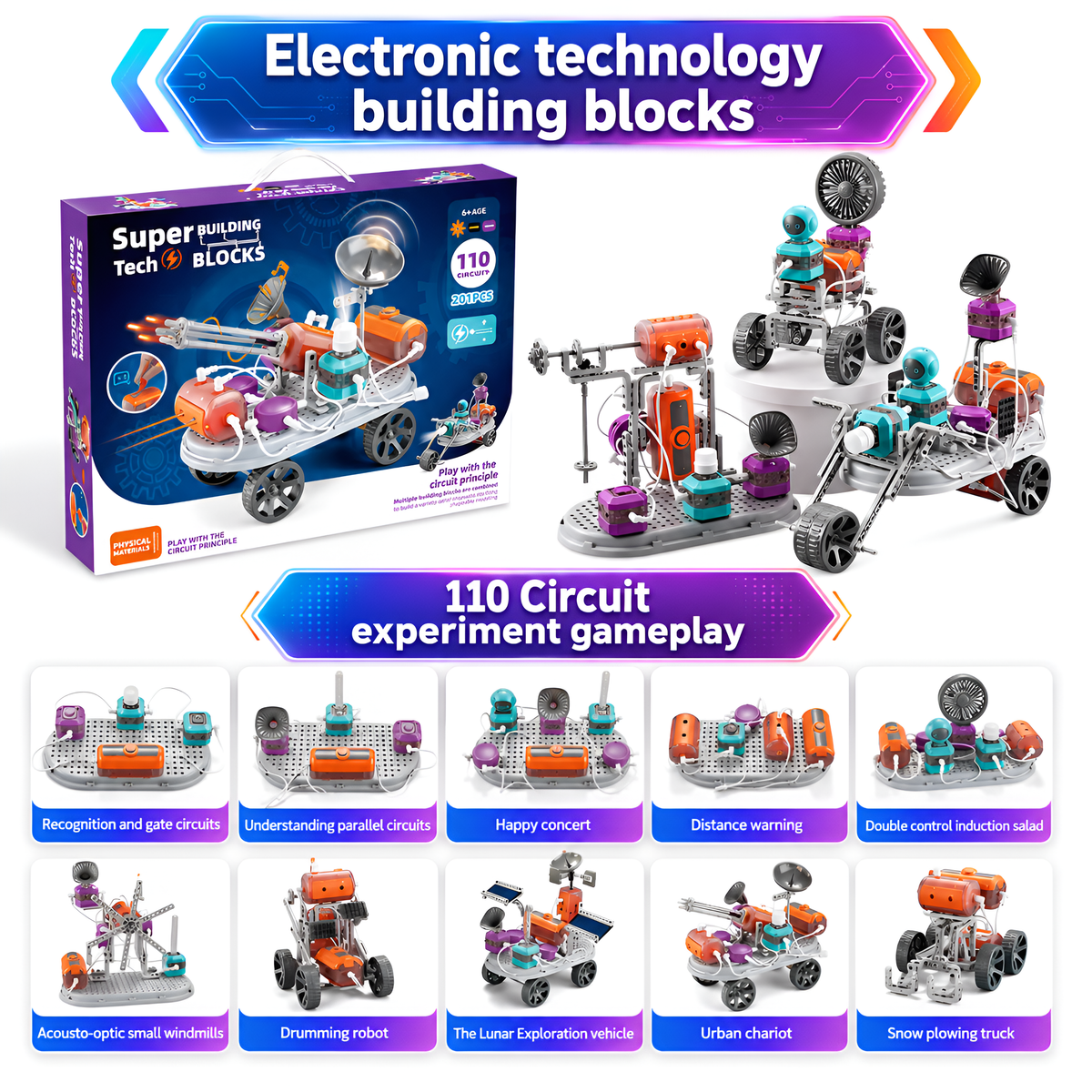Electronic building blocks box and circuit gameplay examples