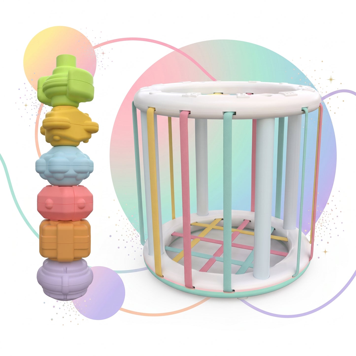 Round sensory bin with stretchy bands and textured balls
