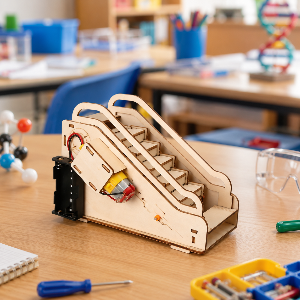 Assembled electric escalator kit on a study desk
