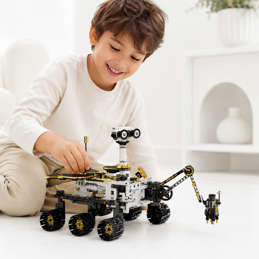 Child building the motorized Mars Rover brick model