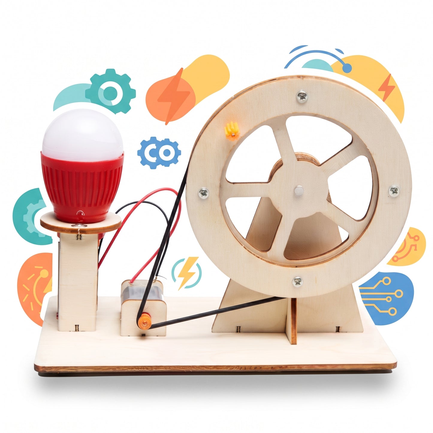 Assembled hand-crank generator with wooden flywheel, drive belt, motor and red bulb
