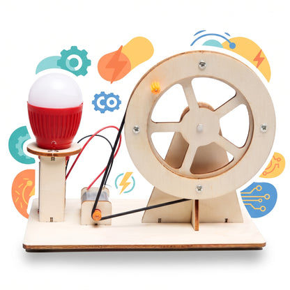 Assembled hand-crank generator with wooden flywheel, drive belt, motor and red bulb
