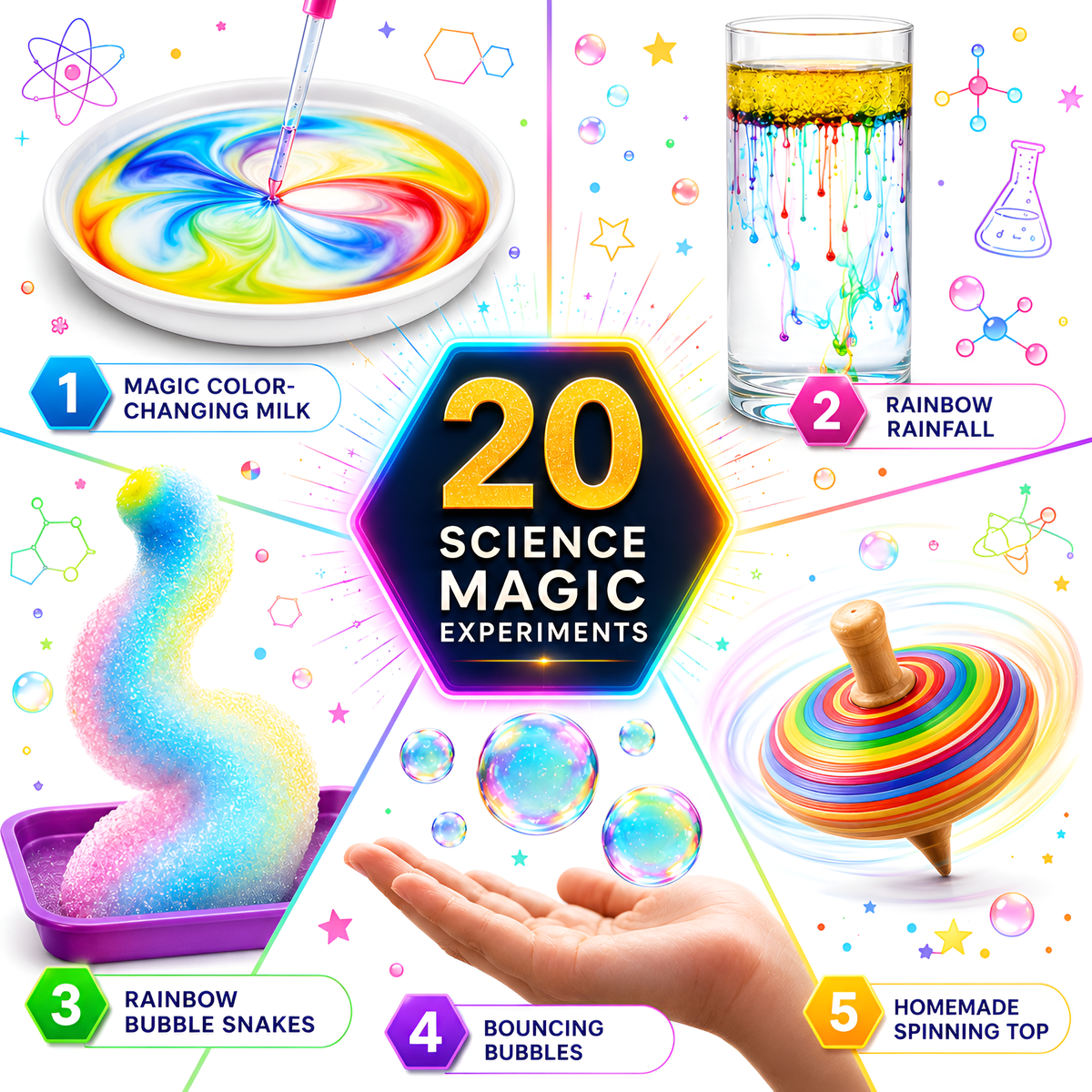 20 science-magic experiments including a rainbow bubble snake
