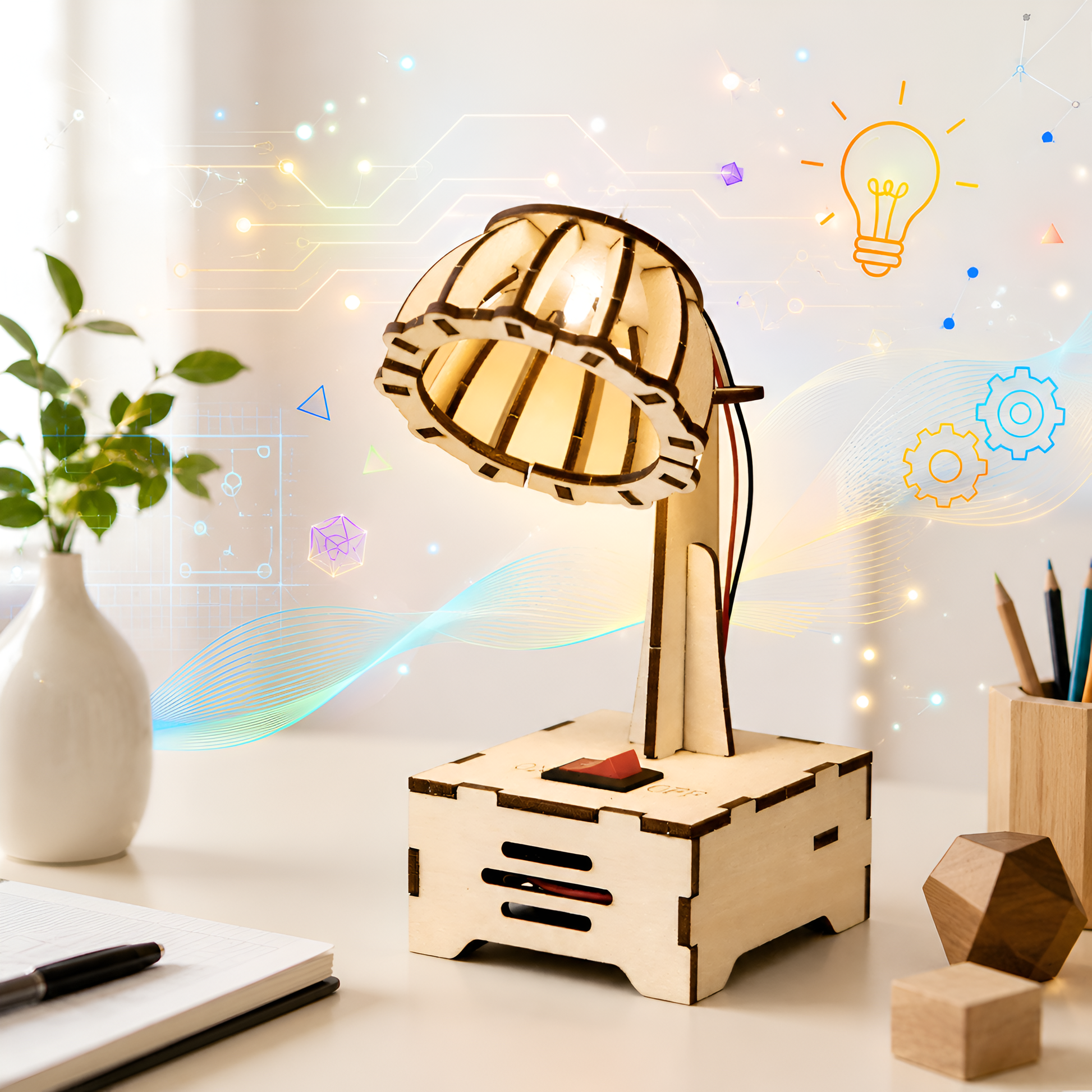 Desk lamp lit up and glowing