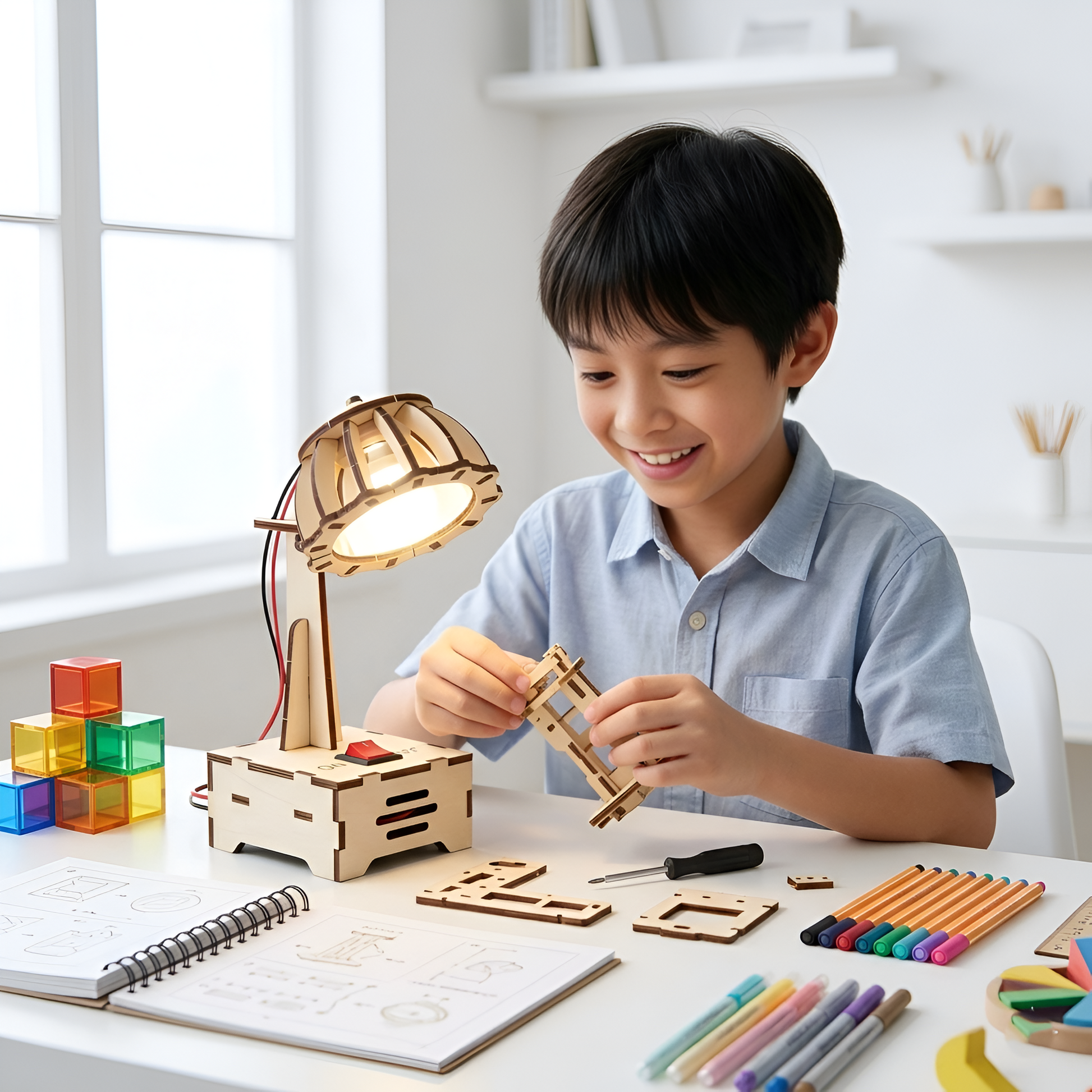 Child building the wooden desk lamp